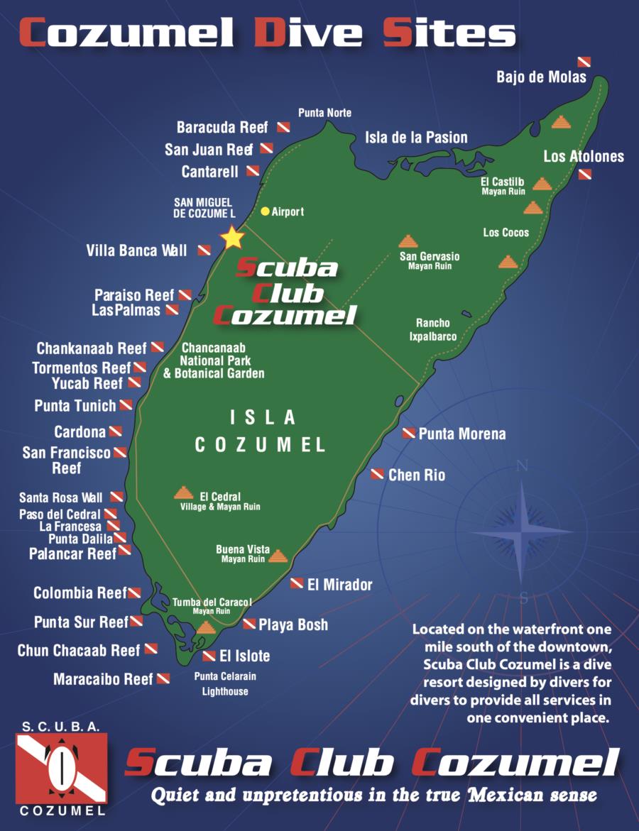 Scuba Club Cozumel - Map of Scuba Club Cozumel's location and the  surrounding boat dives.