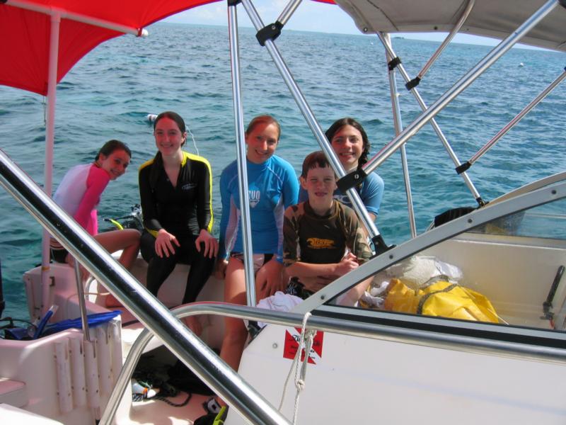 Abby 17 (2nd from left), Emmy 15 3rd from left), with other dive buddies in Key largo. June 2006