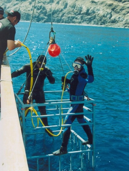 Me going down in the deep cage.  Guadalupe-Great White Trip 2004